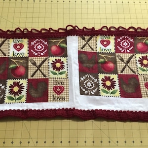Roosters, apples, flowers crocheted edge kitchen towel valance, curtain, window covering, window dressing, hostess gift, housewarming gift