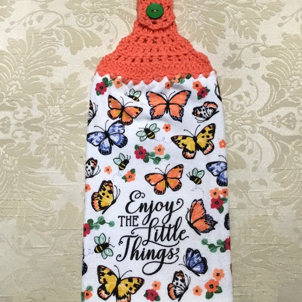 ENJOY LITTLE THINGS Double Layer Hanging Crochet Towel, butterfly, coral, hostess gift, Mother's day gift, butterfly lover gift, housewarmin