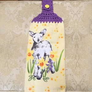 LITTLE LAMB On YELLOW Plush Double Layer Hanging Crochet Towel, sheep, farm animal, flowers, hostess gift, Easter gift, housewarming