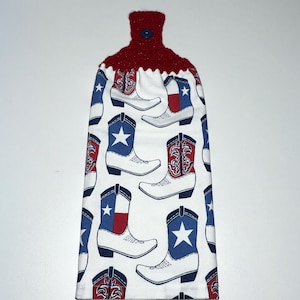 Patriotic Cowboy Boots Crochet Kitchen Towel: Independence Day Decor