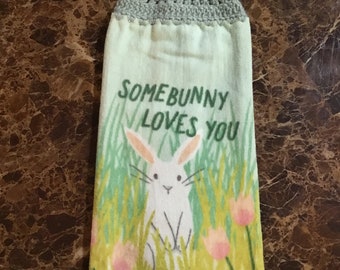 Somebunny loves you, bunny, tulips plush double layer hanging crochet towel, dish towel, hand towel, Easter gift, bunny lover gift, green