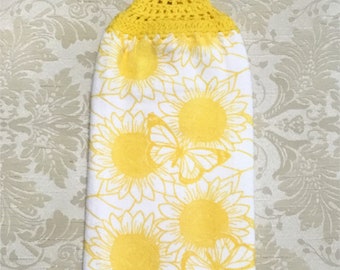 SUNFLOWRS ON WHITE Thick Double Layer Hanging Crochet Towel, sunflower lover gift, flowers, hostess gift, yellow, housewarming gift
