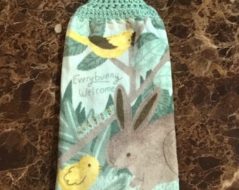 Everybunny welcome plush double layer hanging crochet towel, bunny, birds, flowers, pale green, spring towel, kitchen decor, bunny love gift