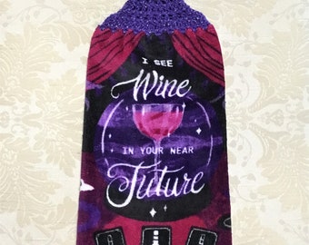 WINE In YOUR FUTURE Plush Double Layer Hanging Crochet Towel, wine lover gift, purple, halloween towel, hostess gift, housewarming