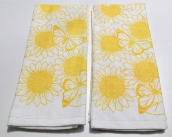 SUNFLOWERS AND BUTTERFLIES Set of 2 thick cotton kitchen towels, dish towel, tea towel, hand towel, sunflower lover gift, housewarming
