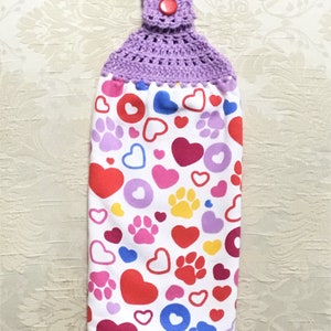 PAW PRINT LOVE Thick Double Layer Hanging Crochet Towel, hearts, purple, pet lover gift, hostess gift, Valentine towel, housewarming