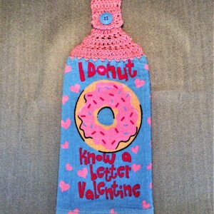 DONUT VALENTINE Plush Double Layer Hanging Crochet Towel, Valentine towel, hearts, hostess gift, donut lover gift, housewarming, pink