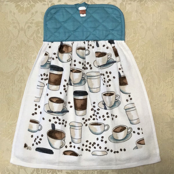COFFEE CUPS And BEANS Double Layer Hanging Decorative Towel, oven door towel, coffee lover gift, hostess gift, kitchen decor, housewarming