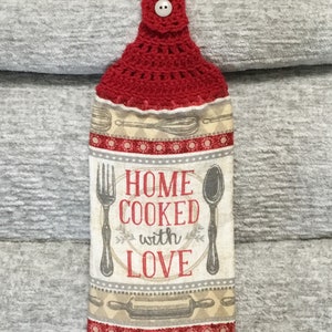 Hanging Crochet Kitchen Towel: Double Layer &quot;Home Cooked with Love&quot; Dish Towel
