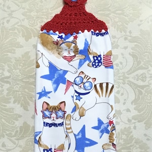 Patriotic Cats Crochet Hanging Towel: Thick Double Layer Kitchen Decor