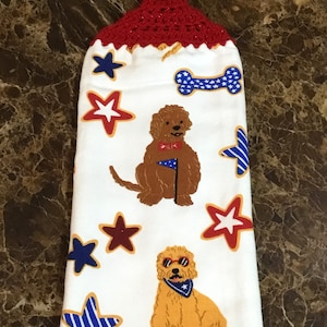 Patriotic Dog Crochet Hanging Towel: Double Layer Kitchen Decor