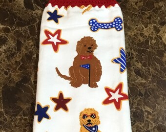Independence dogs, bones and stars thick double layer hanging crochet towel, dog lover gift, patriotic gift, kitchen decor, bathroom decor