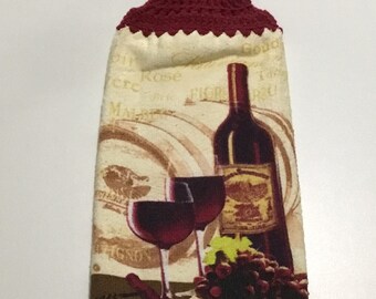 RED WINE And GRAPES Double Layer Hanging Crochet Top Towel, wine lover gift, wine glass, hostess gift, wine bottle, housewarming gift
