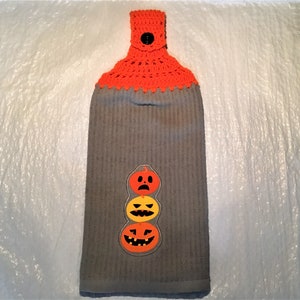 JACK-O-LANTERNS On GRAY Extra Thick Double Layer Hanging Crochet Towel, halloween towel, jack-o-lantern lover gift, hostess gift, housewarm image 1