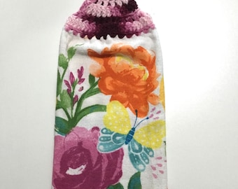 PAINTED FLOWERS and BUTTERFLIES Double Layer Hanging Crochet Towel for kitchen or bathroom