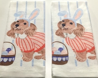 Easter dog and egg basket set of 2 thick cotton kitchen towels, dish towel, hand towel, Easter towel, kitchen decor, dog lover gift, pink