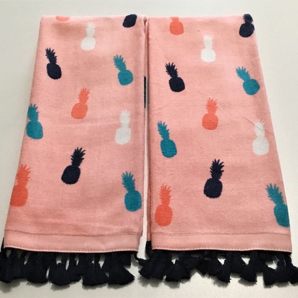 Pineapples on light coral with dark blue fringe set of 2 plush cotton kitchen towels, dish towel, hand towel, kitchen decor, fruit