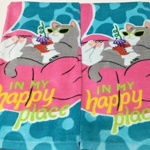 CAT- in my happy place Set of 2 plush cotton kitchen towels, dish towel, hand towel, cat lover gift, aqua blue, kitchen decor,