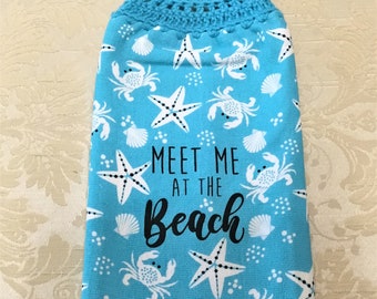 MEET AT BEACH Thick Double Layer Hanging Crochet Towel, beach house decor, star fish, crabs, blue, hostess gift, housewarming gift