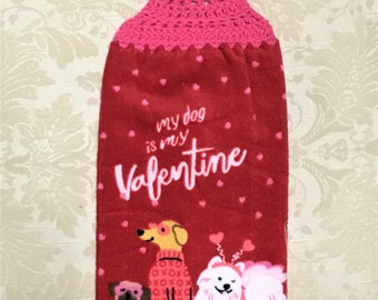 VALENTINE DOGS Extra Plush Double Layer Hanging Crochet Towel, dog lover gift, Valentine gift, red, hearts, hostess gift, housewarming gift