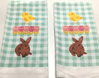 Bunny, tulip, and baby chick set of 2 thick cotton kitchen towels, dish towel, hand towel, Easter towel, Easter gift, bunny lover gift