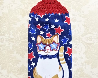 INDEPENDENCE CAT And STARS Plush Double Layer Hanging Crochet Towel, cat lover gift, patriotic gift, hostess gift, housewarming gift