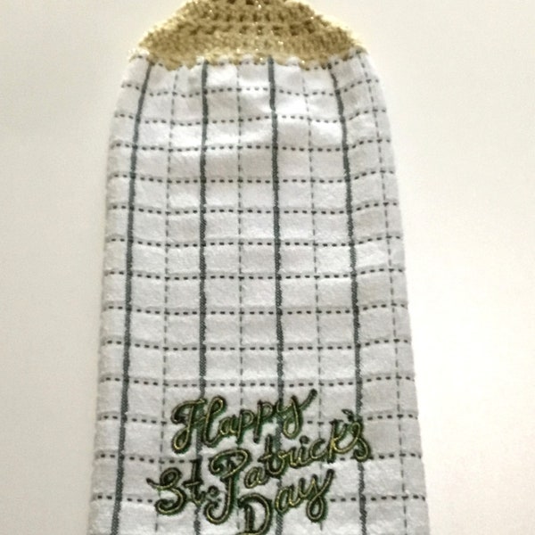 Happy Saint Patrick's Day on white/green check thick double layer hanging crochet towel, dish towel, hand towel, Saint Pats gift, gold