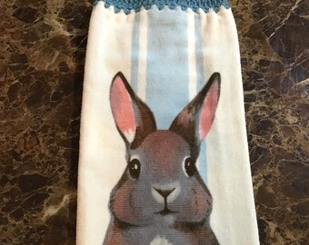 Bunny on white with blue stripes plush double layer hanging crochet towel, bunny lover gift, Easter towel, kitchen decor, bathroom decor