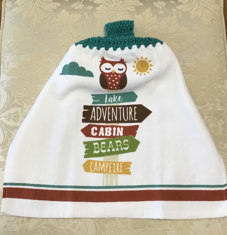 hostess gift woodland LAKE ADVENTURE OWL Extra Thick Double Layer Hanging Crochet Towel housewarming teal camping camping lover gift
