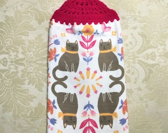 Gray cats and flowers thick double layer hanging crochet towel, dish towel, hand towel, cat lover gift, pink, kitchen decor, housewarming