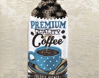 PREMIUM COFFEE Double Layer Hanging Crochet Towel, coffee cup, coffee beans, coffee lover gift, hostess gift, brown, housewarming gift, blue