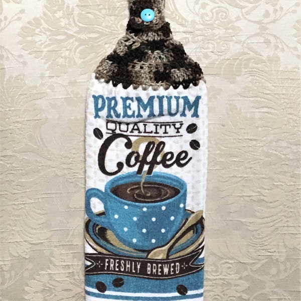 PREMIUM COFFEE Double Layer Hanging Crochet Towel, coffee cup, coffee beans, coffee lover gift, hostess gift, brown, housewarming gift, blue