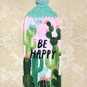 BE HAPPY CACTUS on light pink Plush Double Layer Hanging Crochet Towel, cactus lover gift, succulent, hostess gift, housewarming gift