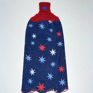 Red White Blue Stars Crochet Hanging Towel: Patriotic Kitchen Decor