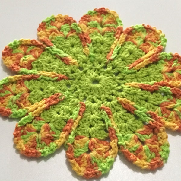 Lime, orange, yellow flower crocheted dish cloth, crocheted wash cloth, crocheted doily, kitchen decor, bathroom decor, housewarming gift