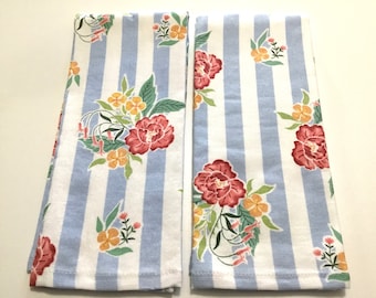 Flowers on blue and white stripes set of 2 thick cotton kitchen towels, dish towel, hand towel,  flower lover gift, kitchen decor, blue, red