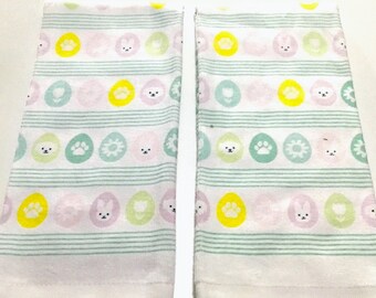 Easter eggs, dogs, and dog paws set of 2 thick cotton kitchen towels, dish towel, hand towel, dog lover gift, Easter gift, pastel colors