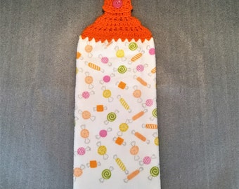 HALLOWEEN CANDY Thick Double Layer Hanging Crochet Towel, orange, halloween gift, hostess gift, dish towel, halloween decor, housewarm