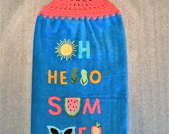HELLO SUMMER Plush Double Layer Hanging Crochet Towel, turquoise, housewarming gift, birthday gift, hostess gift, Mother's day gift