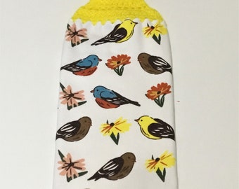 BEAUTIFUL BIRDS Thick Double Layer Hanging Crochet towel, dish towel, hand towel, bird lover gift, yellow, hostess gift, housewarming