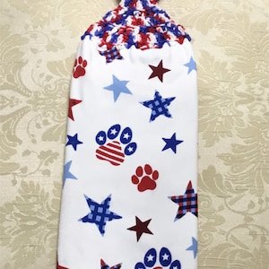 Patriotic Pet Paws thick double layer hanging crochet towel, dish towel, stars, Independence towel, hostess gift, kitchen decor, blue