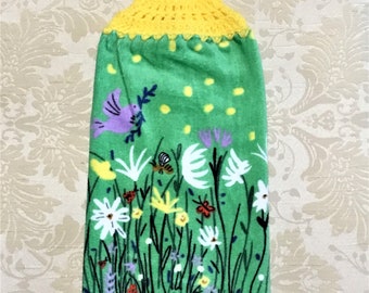 BEAUTIFUL GARDEN LIFE Plush Double Layer Hanging Crochet Towel, green, garden lover gift, bird, butterfly, snail, flower, hostess gift