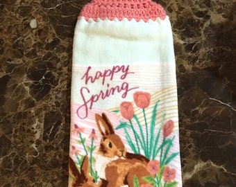 Happy spring bunnies and flowers plush double layer hanging crochet towel, bunny lover gift, coral, tulips, kitchen decor, bathroom decor