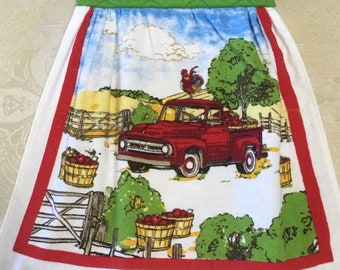 OLD RED TRUCK Double Layer Hanging Decorative Towel,,  Oven Mitt, oven door towel, apple, rooster, hostess gift, old red truck lover gift