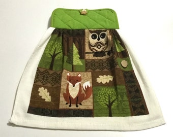 WOODLAND OWL and FOX Double Layer Hanging Decorative Towel, Pot Holder Set, oven door towel, owl lover gift, hostess gift, housewarming gift