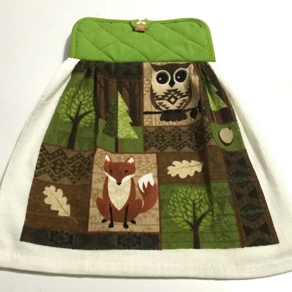 WOODLAND OWL and FOX Double Layer Hanging Decorative Towel, Pot Holder Set, oven door towel, owl lover gift, hostess gift, housewarming gift