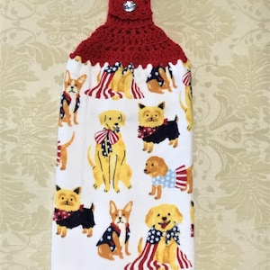 Patriotic Dogs Hanging Crochet Kitchen Towel: July 4th Decor