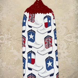 Patriotic Cowboy Boots Crochet Kitchen Towel: Red, White, and Blue Decor