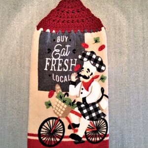 EAT FRESH CHEF Plush Over the Knob Double Layer Crochet Towel, chef lover gift, bicycle, peppers, Mother&#39;s day gift, housewarming, red
