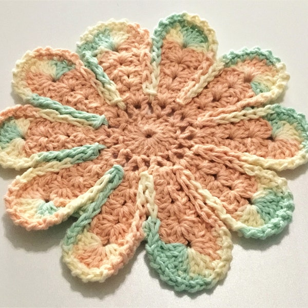 Peach, Pale Green, Cream Flower Crocheted Cotton Dish Cloth, crocheted wash cloth, crocheted doily, dish rag, wash rag, housewarming gift